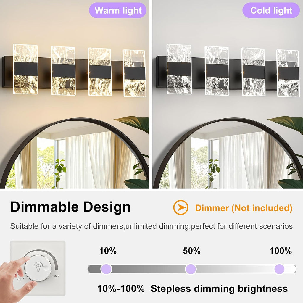 Modern LED Bathroom Light Fixtures Dimmable 4-Light Black Vanity Light, 5CCT Adjustable Lighting Fixture Vanity Lights Over Mirror, Smoked Acrylic LED Vanity Lights for Bathroom