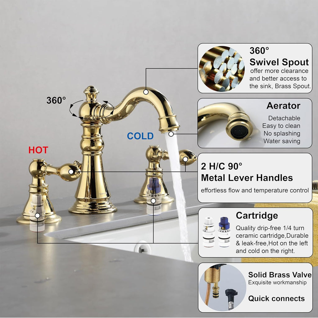 Gold Finish Bathroom Faucet 8 Inch Widespread Polished Brass,Two-Handle Sink Faucet 3 Hole with Brass Pop up Drain Assembly, F-8303-PB