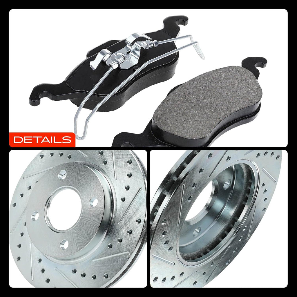 A-Premium 10.16 in (258mm) Front Drilled and Slotted Disc Brake Rotors + Ceramic Pads Kit Compatible with Select Ford Models - Focus 2000 2001 2002 2003 2004, 6-PC Set