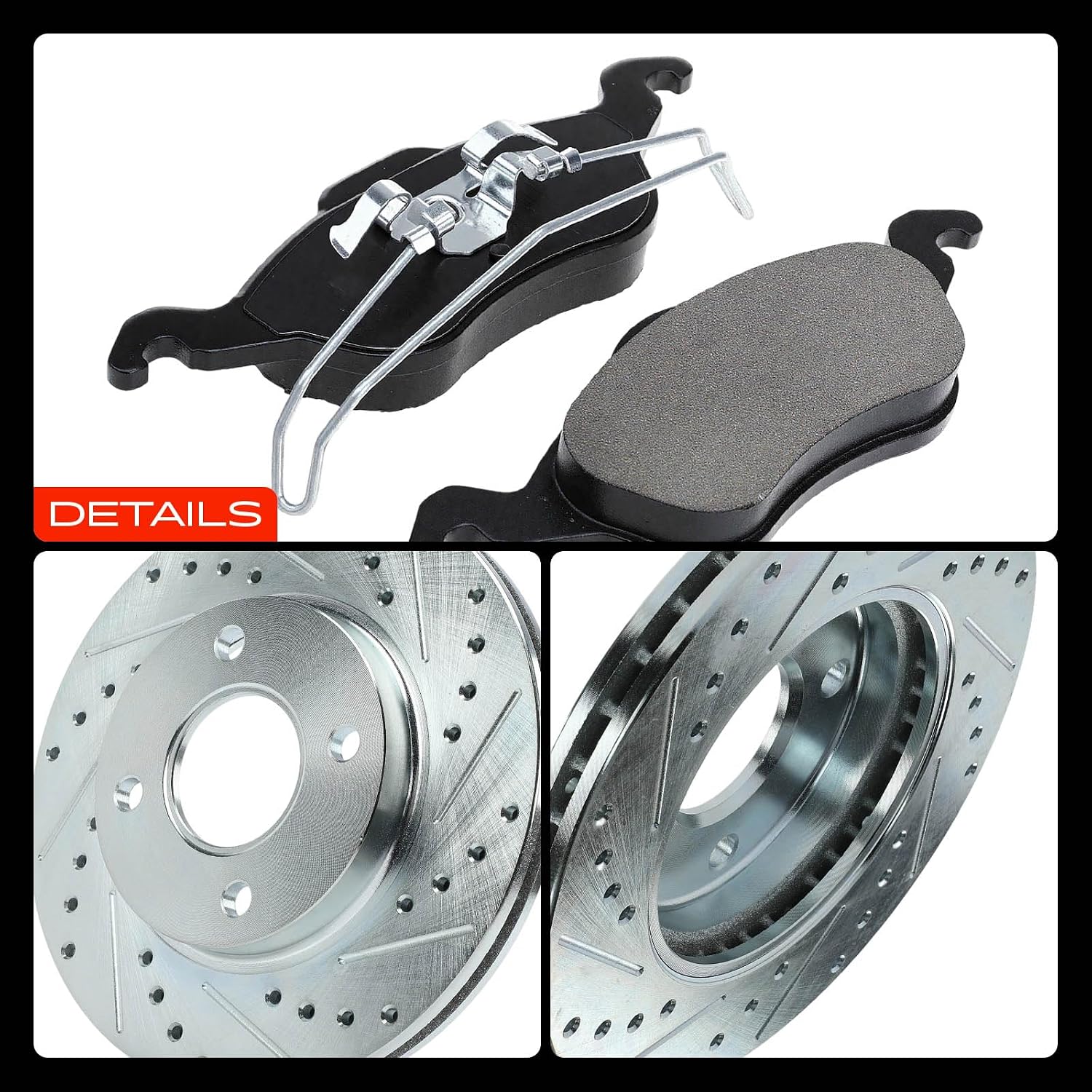 A-Premium 10.16 in (258mm) Front Drilled and Slotted Disc Brake Rotors + Ceramic Pads Kit Compatible with Select Ford Models - Focus 2000 2001 2002 2003 2004, 6-PC Set