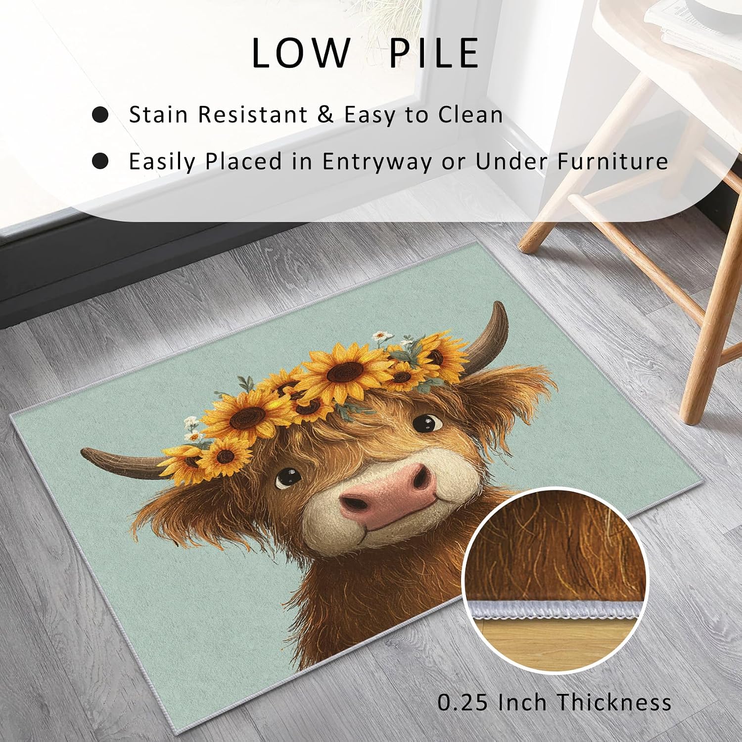 Highland Cow Rug 8x12 for Bedroom, Cute Cattle Patterned Living Room Area Rug, Highland Cow Kids Boys Girls Room Decor, Washable Soft Thin Carpet with Non Slip Backing, 8 x 12 ft - Lu11666