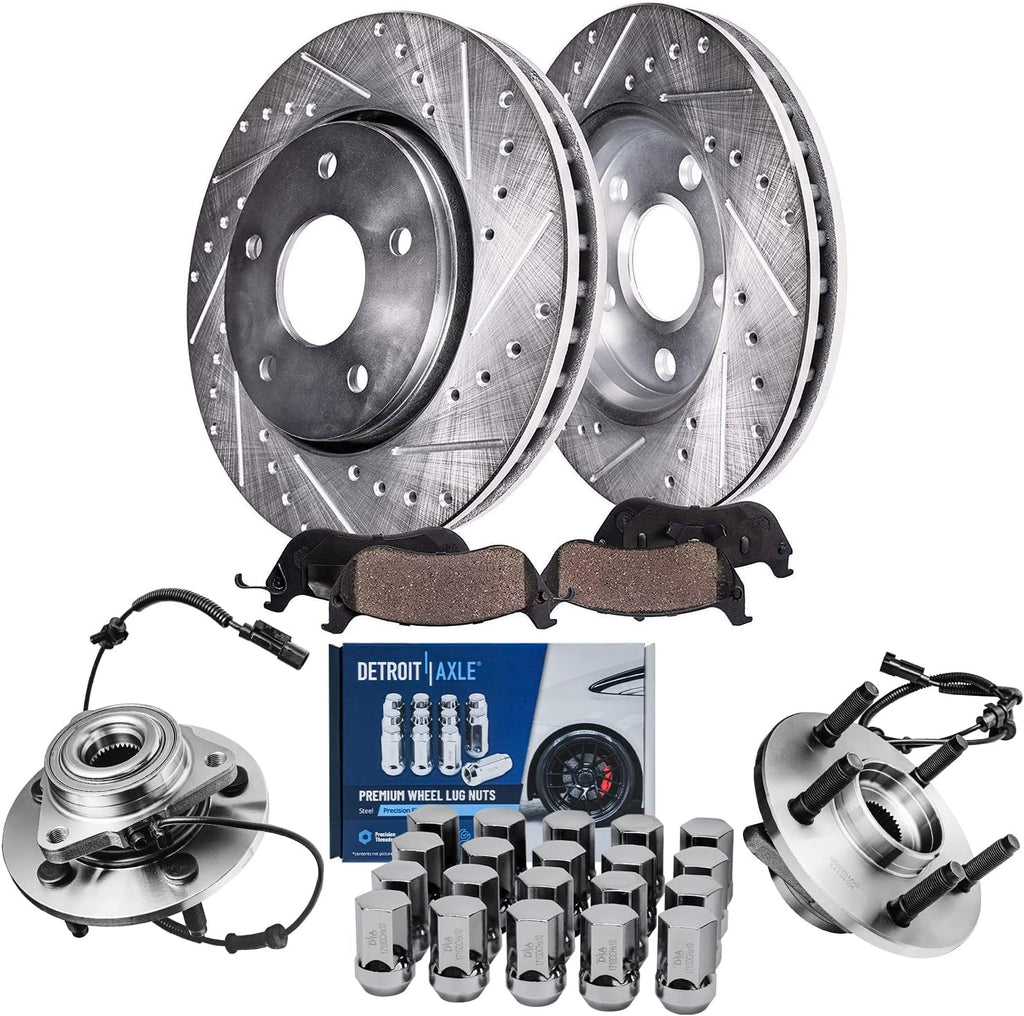 Detroit Axle - Front Drilled Rotors Brake Pads Wheel Hub Bearings + 20pc Lug Nuts Replacement for 2006 2007 2008 Dodge Ram 1500 5 Lugs - 26pc Set