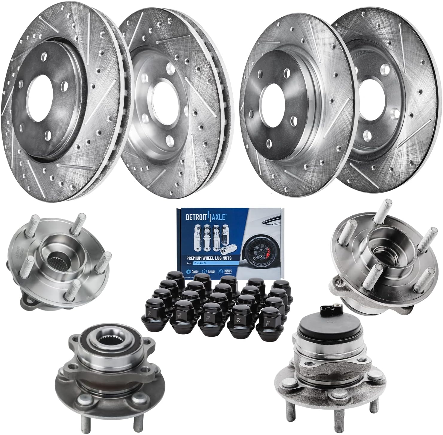 Detroit Axle - Brake Kit for FWD 2014-2016 Lincoln MKZ Hybrid Replacement 11.81' inch Front & 11.89' inch Rear Drilled & Slotted Disc Brake Rotors Wheel Bearing Hubs Lug Nuts
