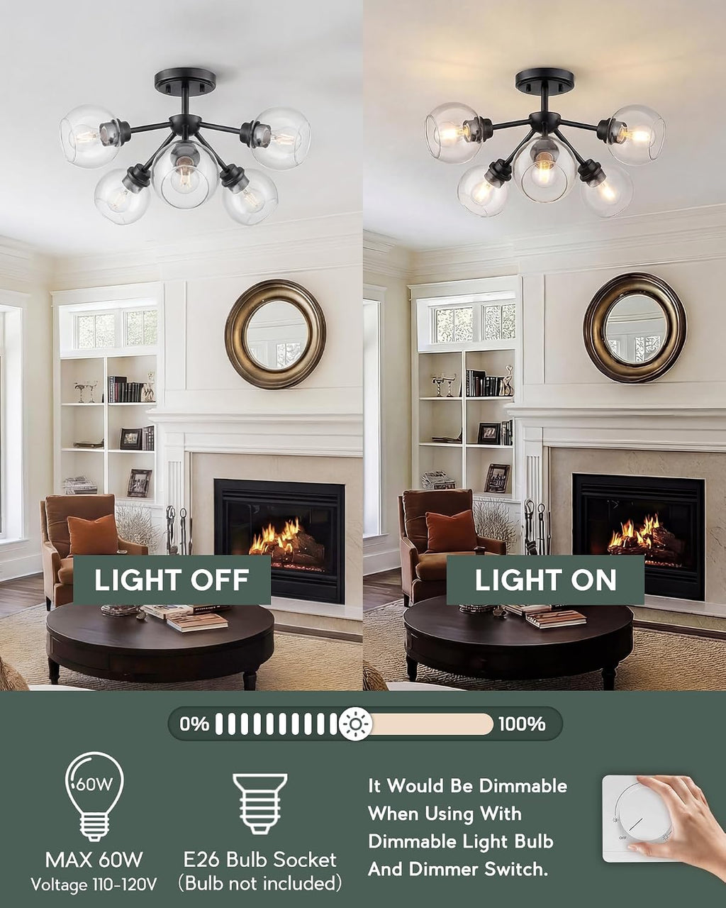 6-Light Semi Flush Mount Ceiling Light, 22' Modern Light Fixtures Ceiling Mount with Globe Clear Glass Shade, Matte Black Light Fixtures for Kitchen Entryway Bedroom, SM195-MB-6
