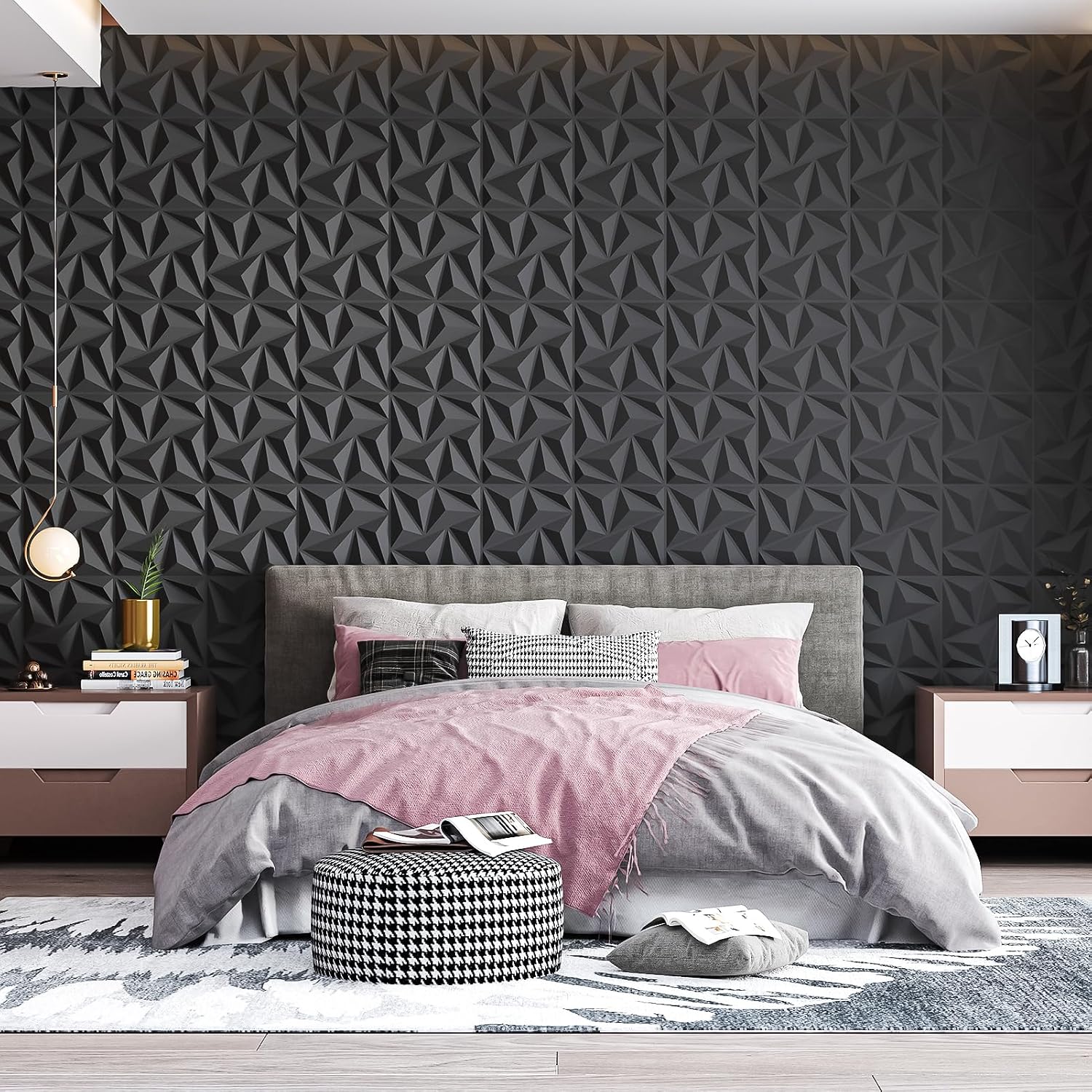 Art3d 3D Wall Panels 100 Pack, 11.8' x 11.8' (97 Sq.ft) PVC Wall Panels - Glue Up Panels Wall Decor for Living Room, Bedroom, Office, Black