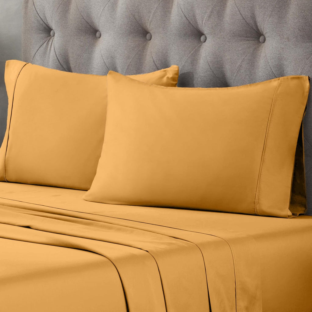Superior Egyptian Cotton 400 Thread Count Bed Sheet Set, 1 Elastic Deep Pocket Fitted Sheet, 1 Flat Sheet, 2 Pillowcases, Soft Bedding, Luxury Sheets, Sateen Weave, Full Size, Gold