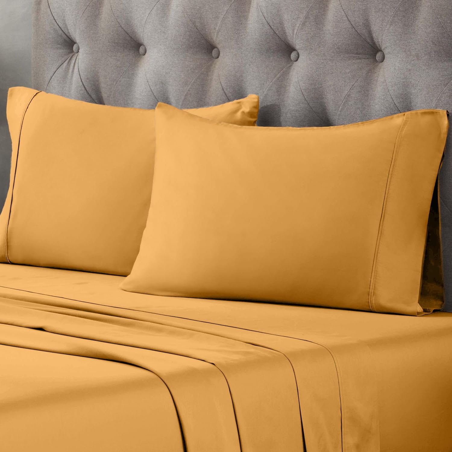 Superior Egyptian Cotton 400 Thread Count Bed Sheet Set, 1 Elastic Deep Pocket Fitted Sheet, 1 Flat Sheet, 2 Pillowcases, Soft Bedding, Luxury Sheets, Sateen Weave, Full Size, Gold
