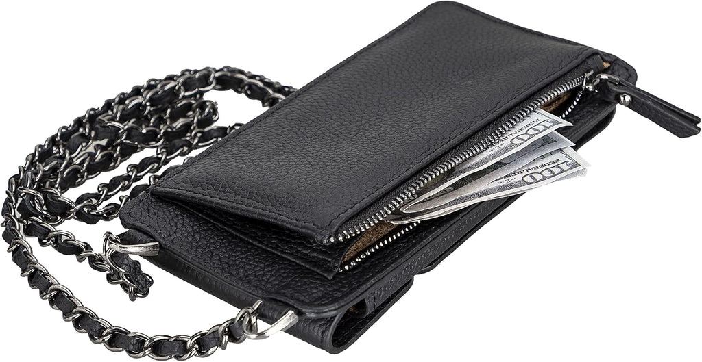 Crossbody Women Wallet fits iPhone 16 Pro MAX / 17 Pro MAX and All Mobile Devices up to 6.9' - Zippered Women Purse, Shoulder Bag with Card Holder, Pocket & Chain Strap, Trendy (Black)