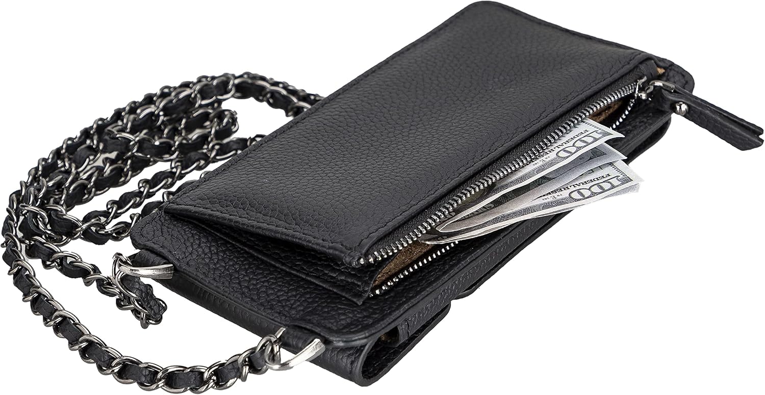 Crossbody Women Wallet fits iPhone 16 Pro MAX / 17 Pro MAX and All Mobile Devices up to 6.9' - Zippered Women Purse, Shoulder Bag with Card Holder, Pocket & Chain Strap, Trendy (Black)