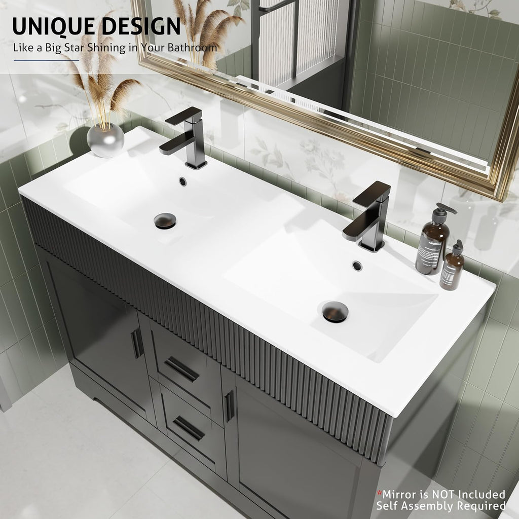 eclife 48' Bathroom Vanities Sink Combo with Painted Surface, Modern Drawered Cabinet W/Decorative Wave Lines, Undermount Double White Sink, Matte Black Faucet Drain, Black