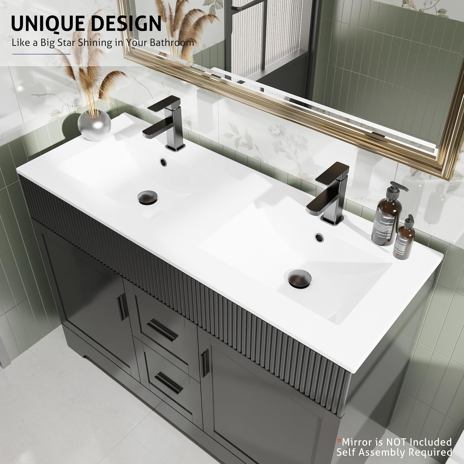 eclife 48' Bathroom Vanities Sink Combo with Painted Surface, Modern Drawered Cabinet W/Decorative Wave Lines, Undermount Double White Sink, Matte Black Faucet Drain, Black
