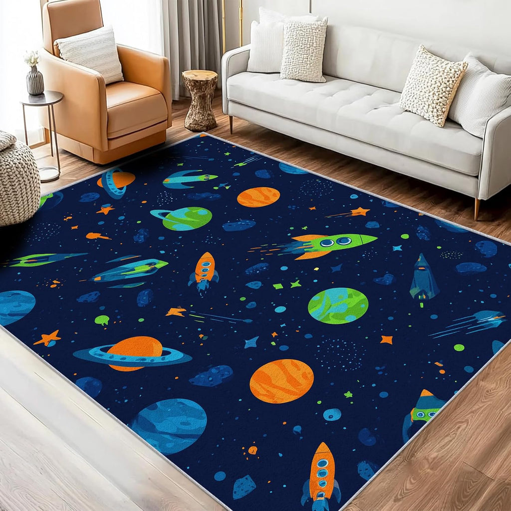 Space Rocket Rug 8x12 for Bedroom, Universe Planet Patterned Living Room Area Rug, Space Rocket Kids Boys Girls Room Decor, Washable Soft Thin Carpet with Non Slip Backing, 8 x 12 ft - Lu11680