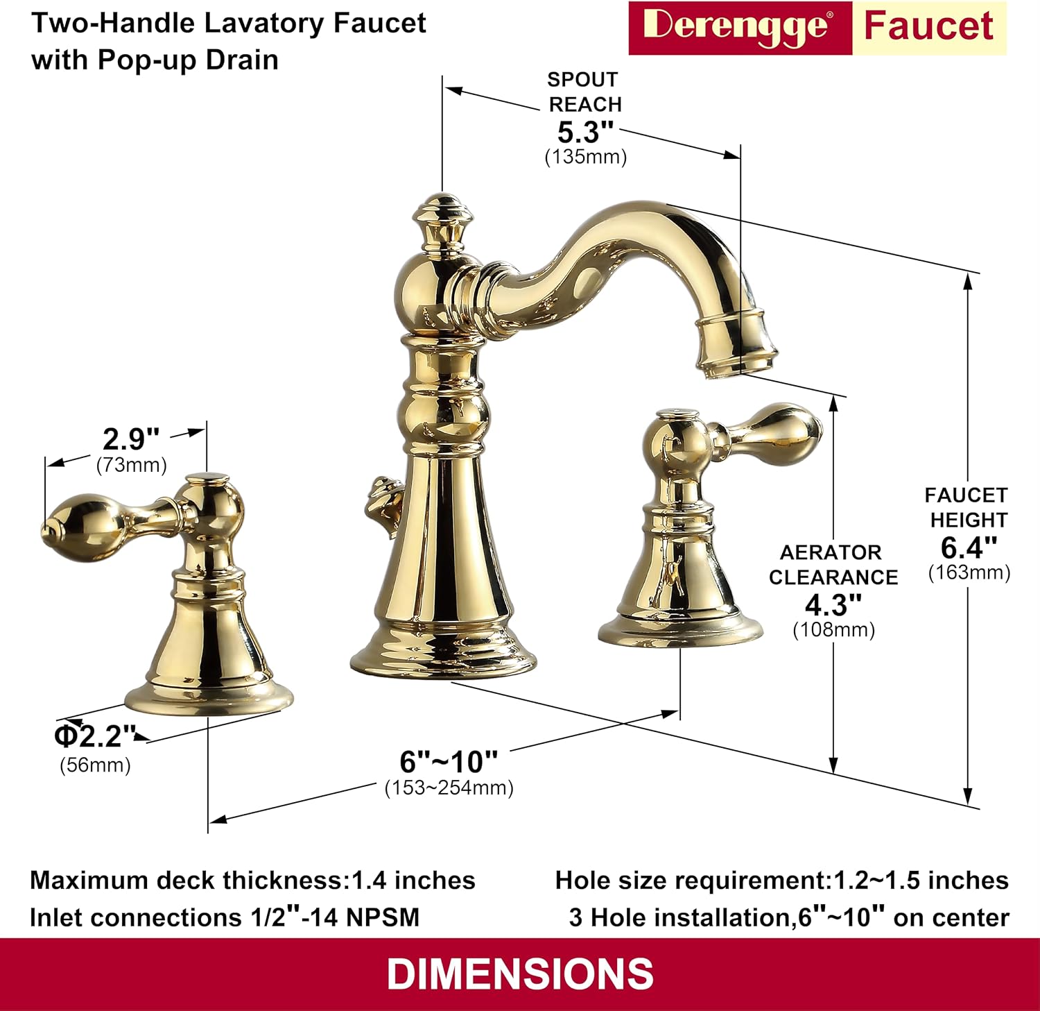 Gold Finish Bathroom Faucet 8 Inch Widespread Polished Brass,Two-Handle Sink Faucet 3 Hole with Brass Pop up Drain Assembly, F-8303-PB