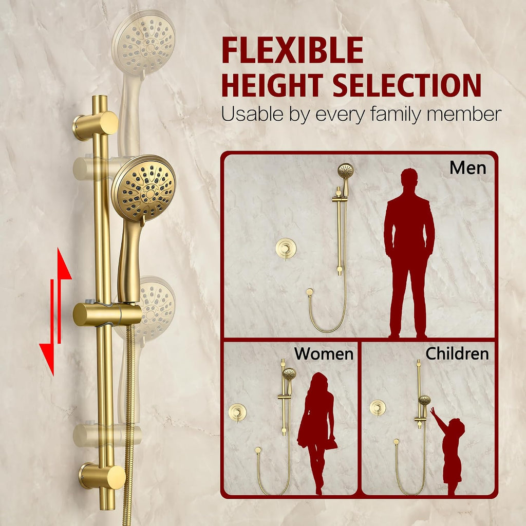 sumerain Shower System set with High Pressure Multi-modes Shower Heads and Handheld, Brushed Gold Rainfall Shower Faucet Complete with Slide Bar, Included Valve and Trim Kit