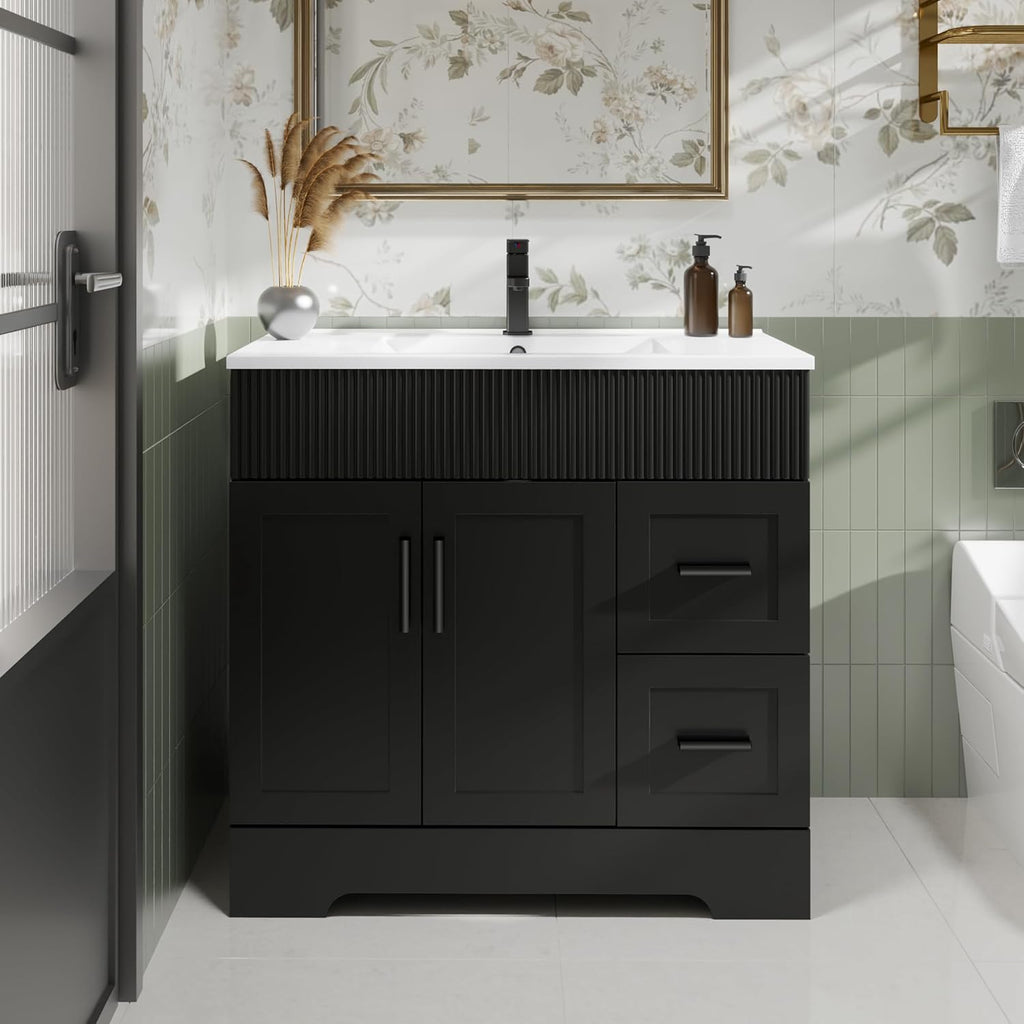 eclife 36' Bathroom Vanities Sink Combo with Painted Surface, Modern Drawered Cabinet W/Decorative Wave Lines, Undermount Single White Sink, Matte Black Faucet Drain, Black