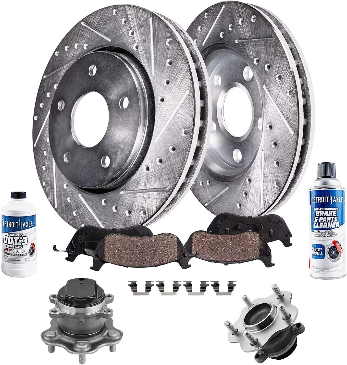 Detroit Axle - FWD Rear Drilled Brake Rotors Pads + Wheel Hub Bearings Replacement for 2014-2019 Nissan Rogue Sport - 8pc Set