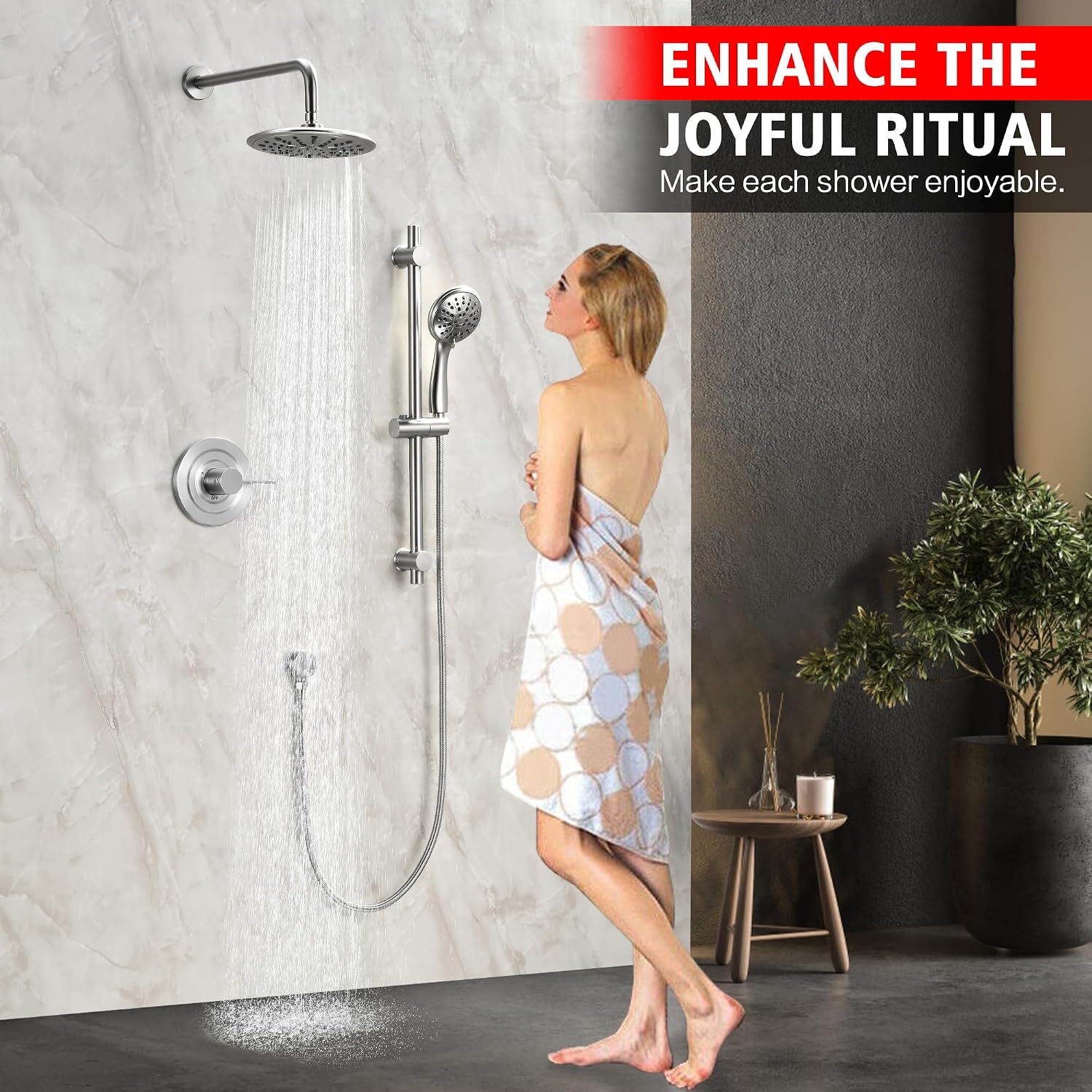 sumerain Brushed Nickel Rain Shower System Complete with Multi-Settings Rainfall Showerhead and Handheld Spray, Shower Faucet Set Includes Shower Valve and Slide Bar