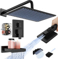 KES Black Bathtub Shower Faucet Set with 12' Rectangle Rain Shower Head, Shower System with 3-Modes Handheld Spray and Waterfall Tub Spout, cUPC Anti-Scald Valve included, XB6336S12-BK