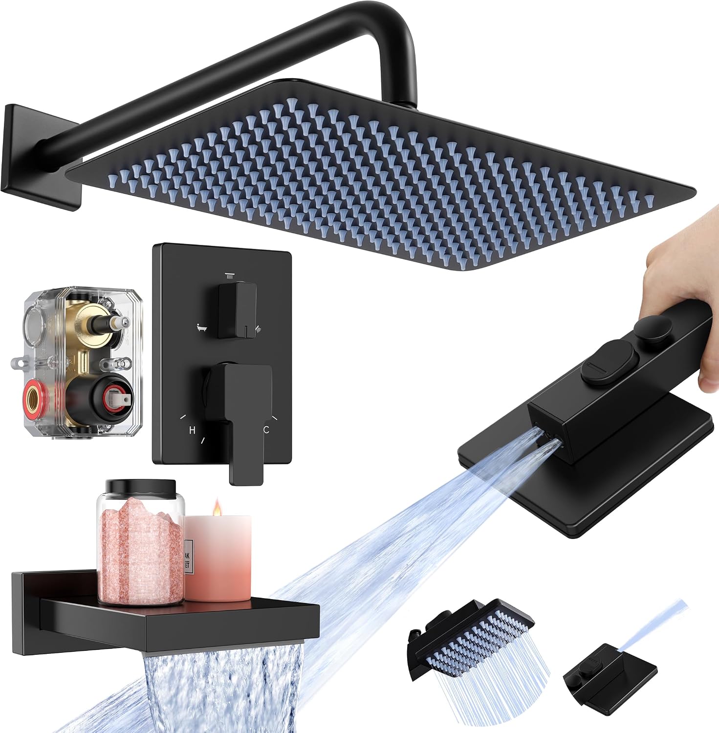 KES Black Bathtub Shower Faucet Set with 12' Rectangle Rain Shower Head, Shower System with 3-Modes Handheld Spray and Waterfall Tub Spout, cUPC Anti-Scald Valve included, XB6336S12-BK