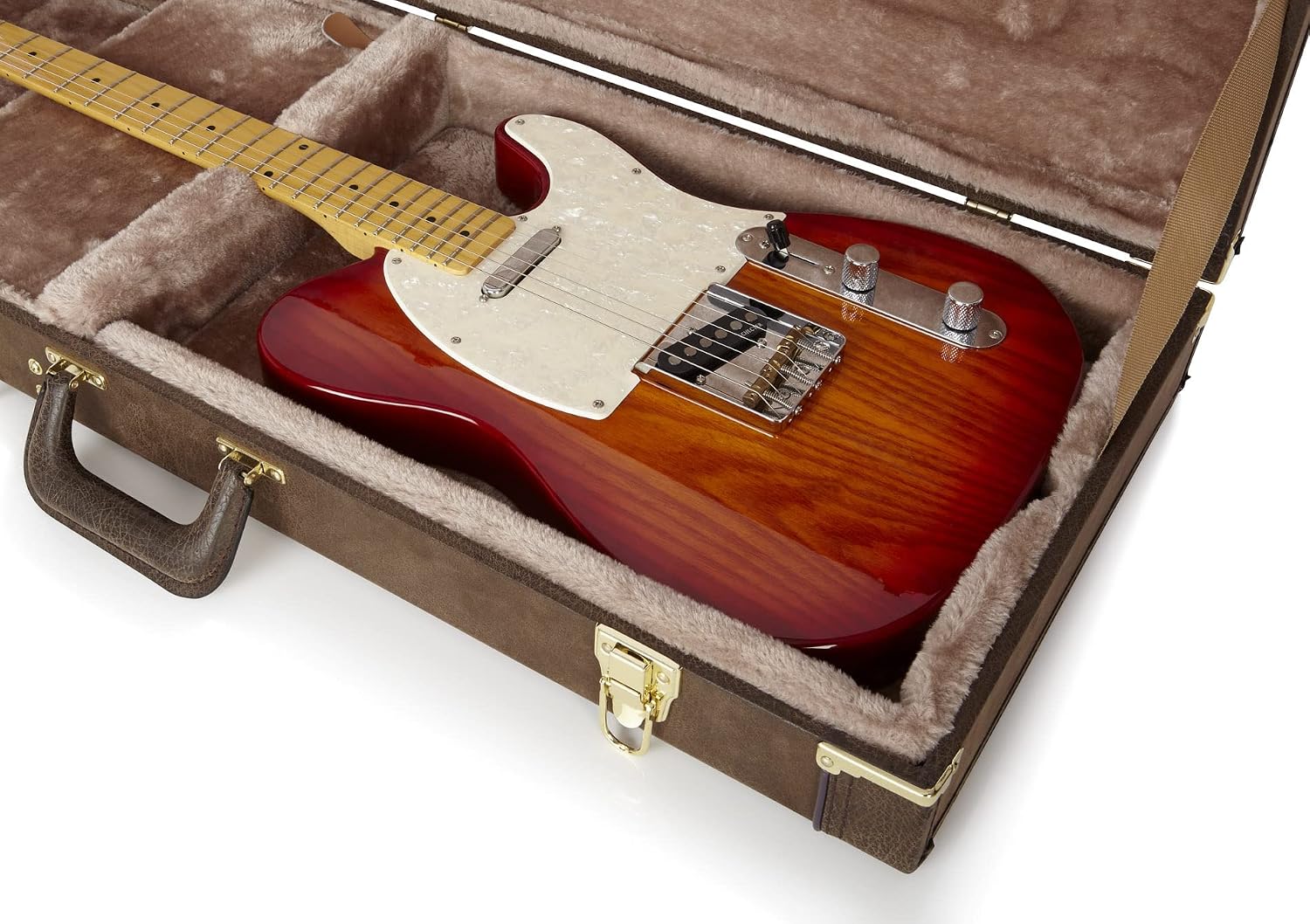 Gator GW-ELECT-VIN Deluxe Wood Case for Double-Cutaway Electric Guitars - Vintage Brown Bundle with Picks, Strap, Instrument Cable, and Austin Bazaar Polishing Cloth