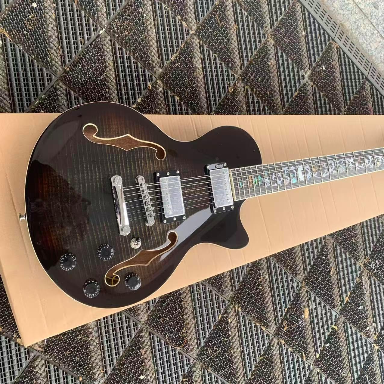12-String Semi-Hollow Body Electric Guitar, Black Flame Maple Top with Chrome Hardware