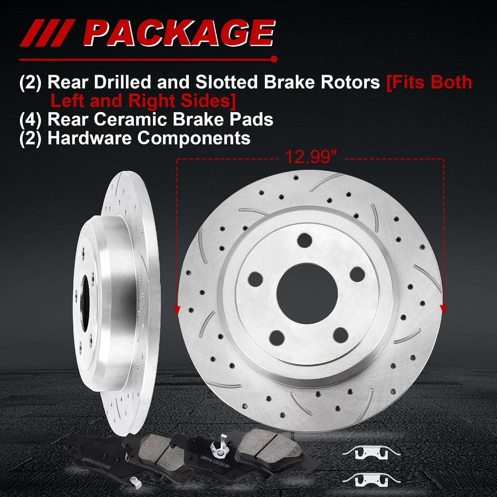 Rear Drilled and Slotted Brake Pads and Rotors Kit Ceramic Automotive Replacement Brake Kits 12.99 Inch Compatible for Dodge Durango Grand Cherokee 2011-2020 (8 Pcs)