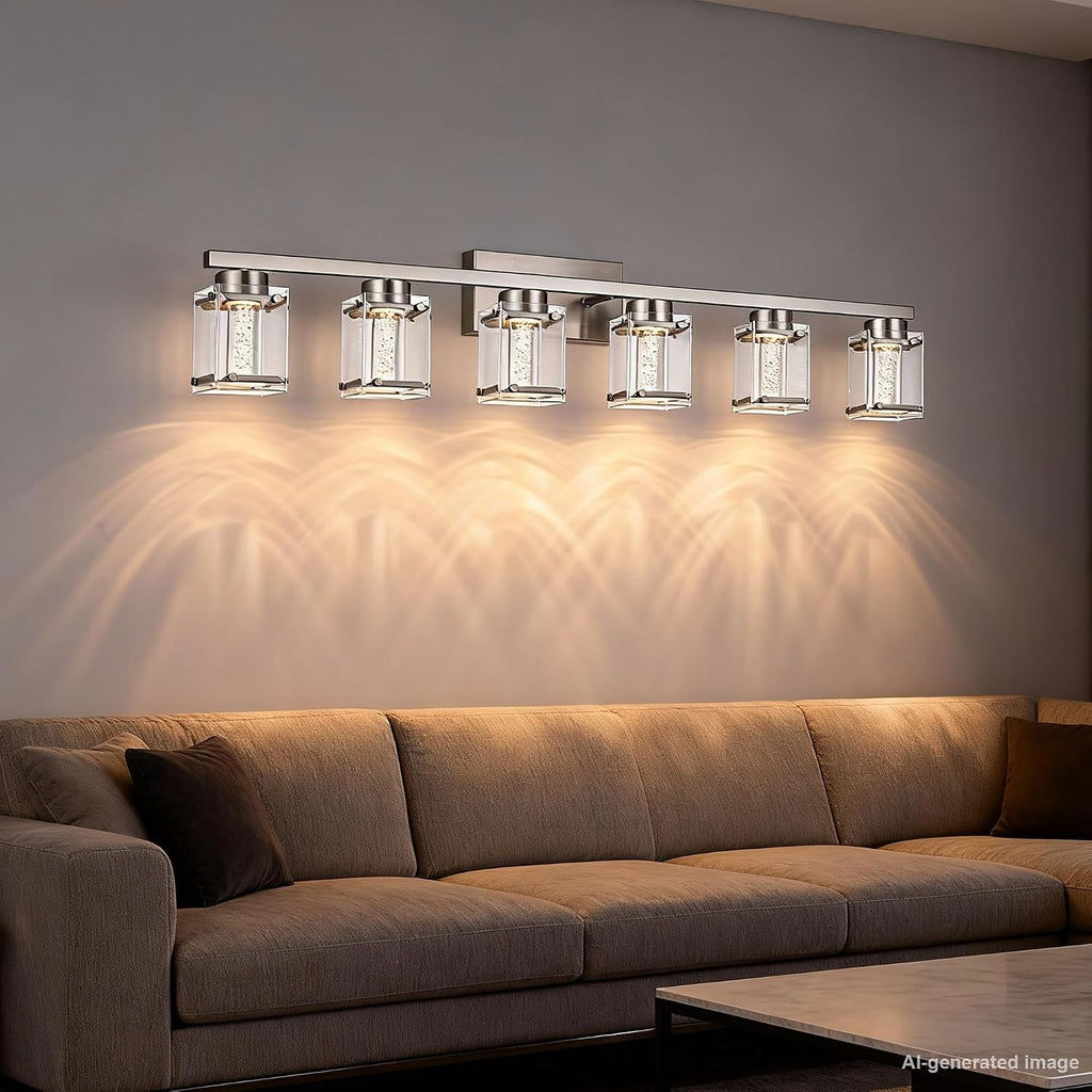 6-Light Vanity Lighting Fixture, Classic Bathroom Light Fixtures in Brushed Nickel Finish Industrial Wall Sconces Lamp with Clear Glass Shade and Bubble Bulb for Mirror