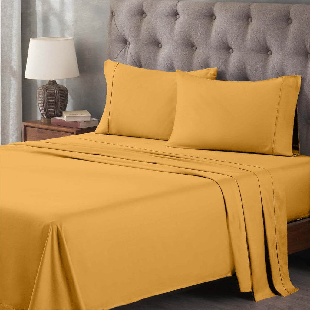 Superior Egyptian Cotton 400 Thread Count Bed Sheet Set, 1 Elastic Deep Pocket Fitted Sheet, 1 Flat Sheet, 2 Pillowcases, Soft Bedding, Luxury Sheets, Sateen Weave, Full Size, Gold