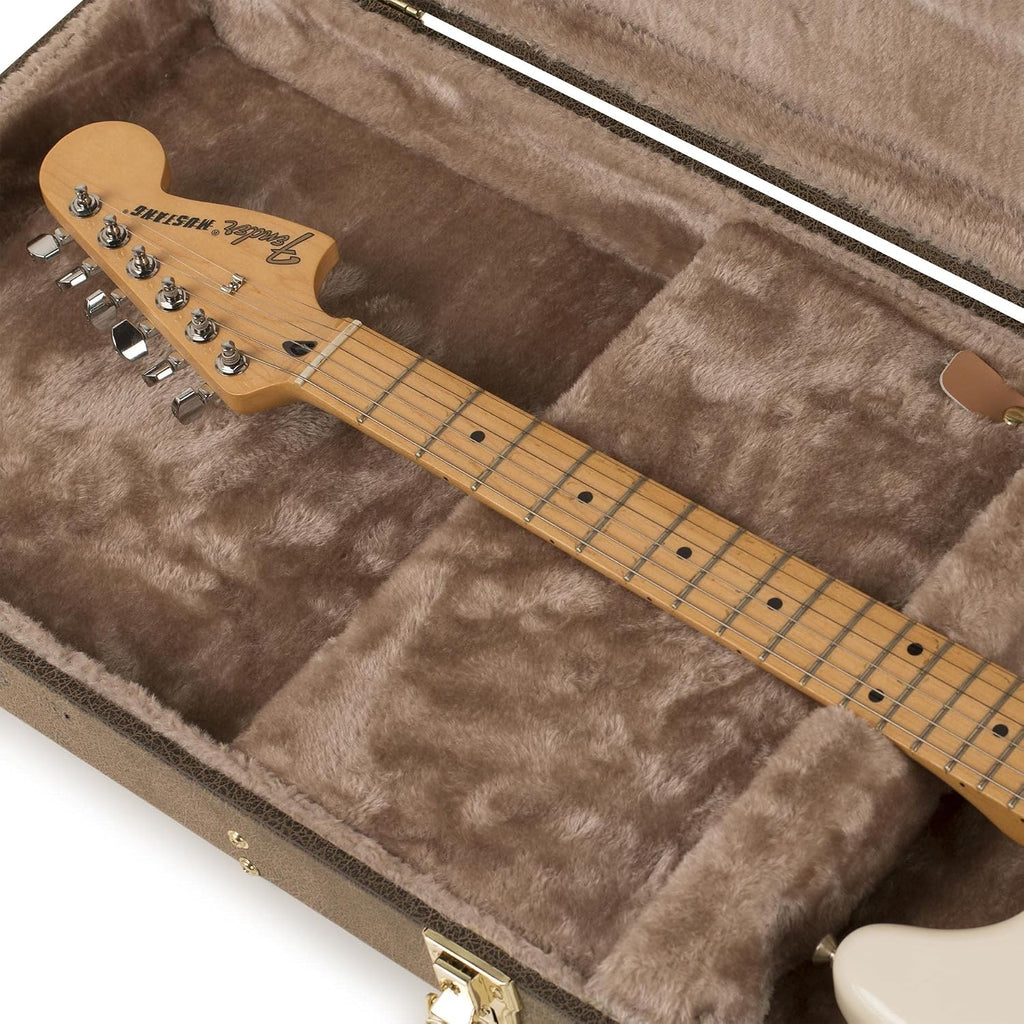 Gator GW-ELECT-VIN Deluxe Wood Case for Double-Cutaway Electric Guitars - Vintage Brown Bundle with Picks, Strap, Instrument Cable, and Austin Bazaar Polishing Cloth