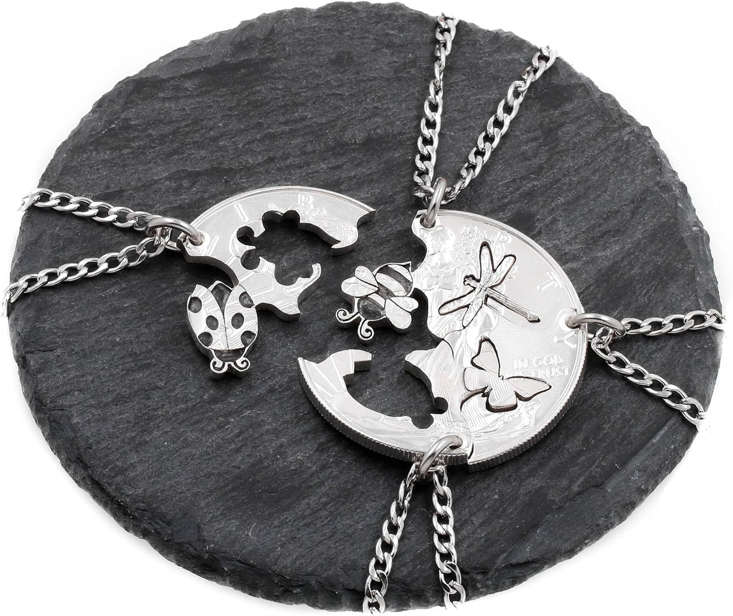 4 Piece Bug Necklaces, Ladybug, Bee, Dragonfly, Butterfly, Engraved Insects, Hand Cut Coin, By NameCoins