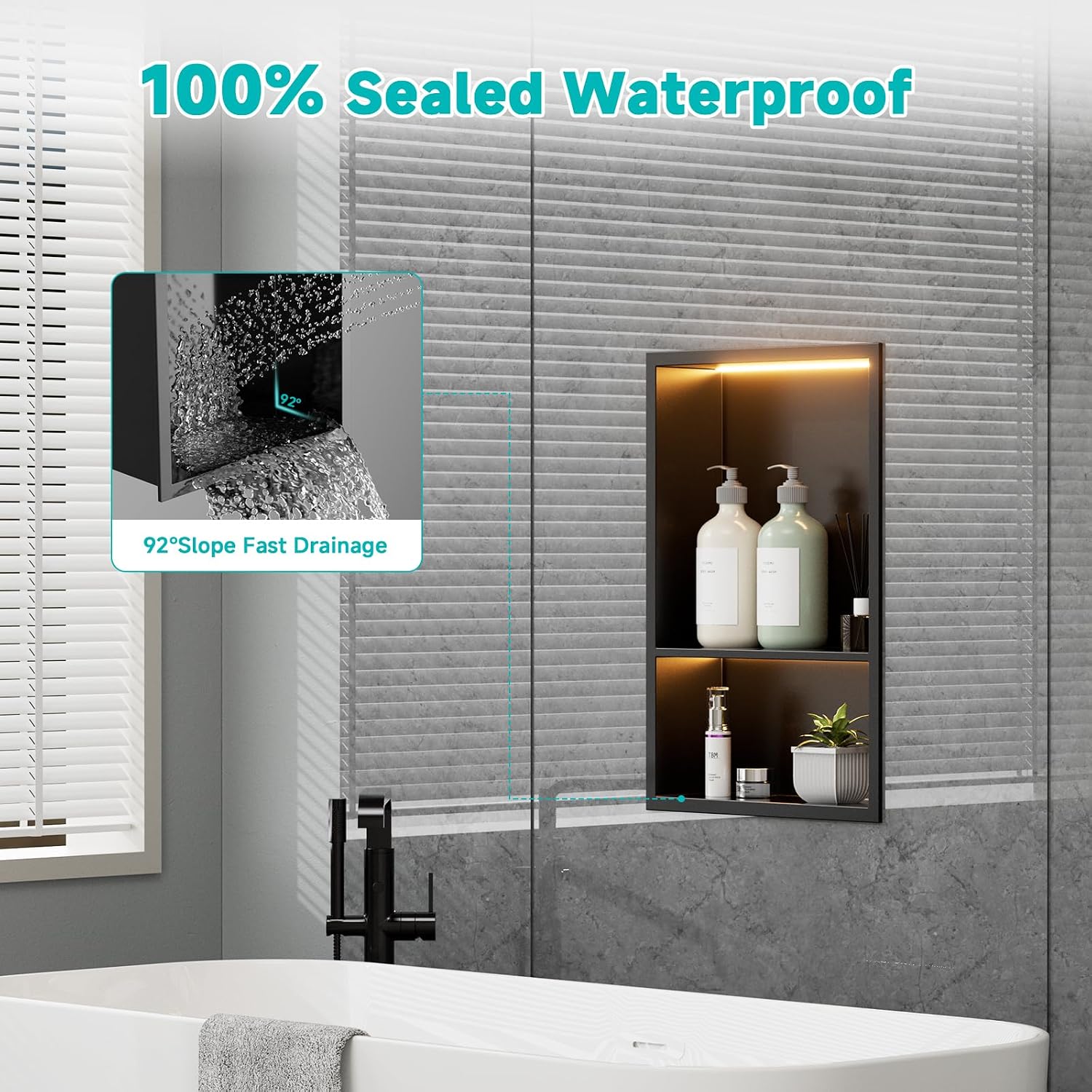 12' x 18' Stainless Steel Shower Niche with LED Lights – Recessed 2-Tier Shower Shelf, 12'x12' Upper & 12'x6' Lower Storage, Modern Bathroom Wall Niche (Black)