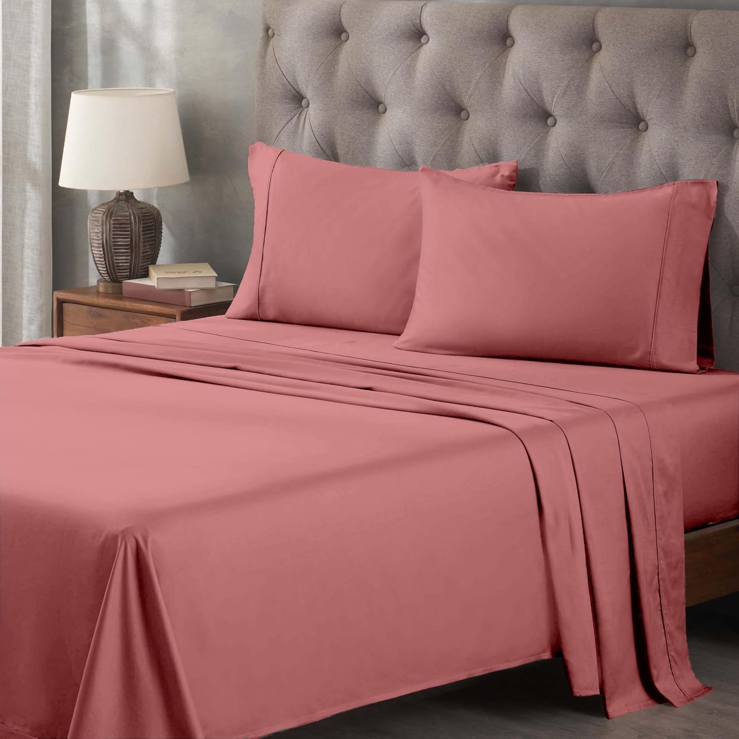 Superior Egyptian Cotton 400 Thread Count Bed Sheet Set, 2 Elastic Deep Pocket Fitted Sheets, 1 Flat Sheet, 2 Pillowcases, Soft Bedding, Luxury Sheets, Sateen Weave, Split King Size, Blush
