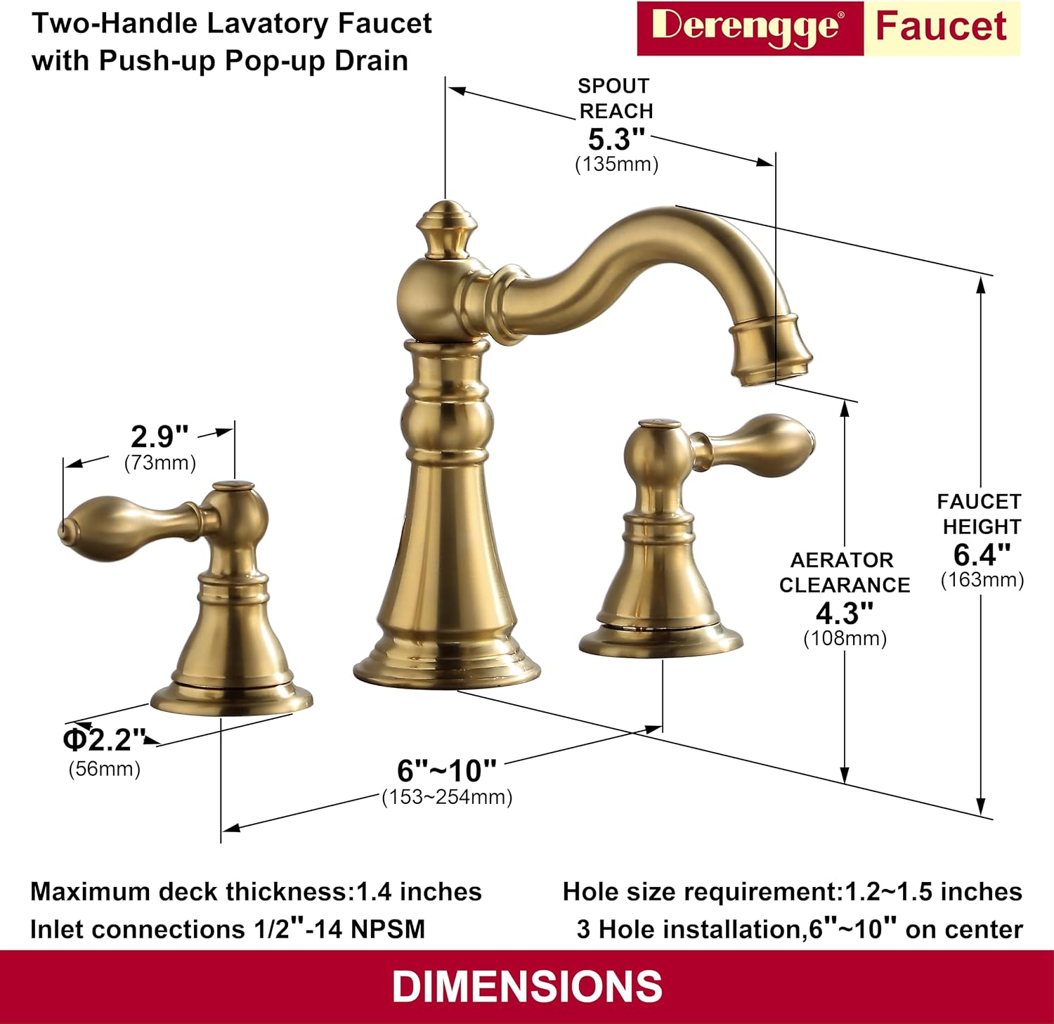Two Handle Bathroom Sink Faucet 3 Hole Brushed Gold with Pop up Drain,High Arc Lavatory 8 Inch Widespread Bathroom Faucet, F-8805-BG