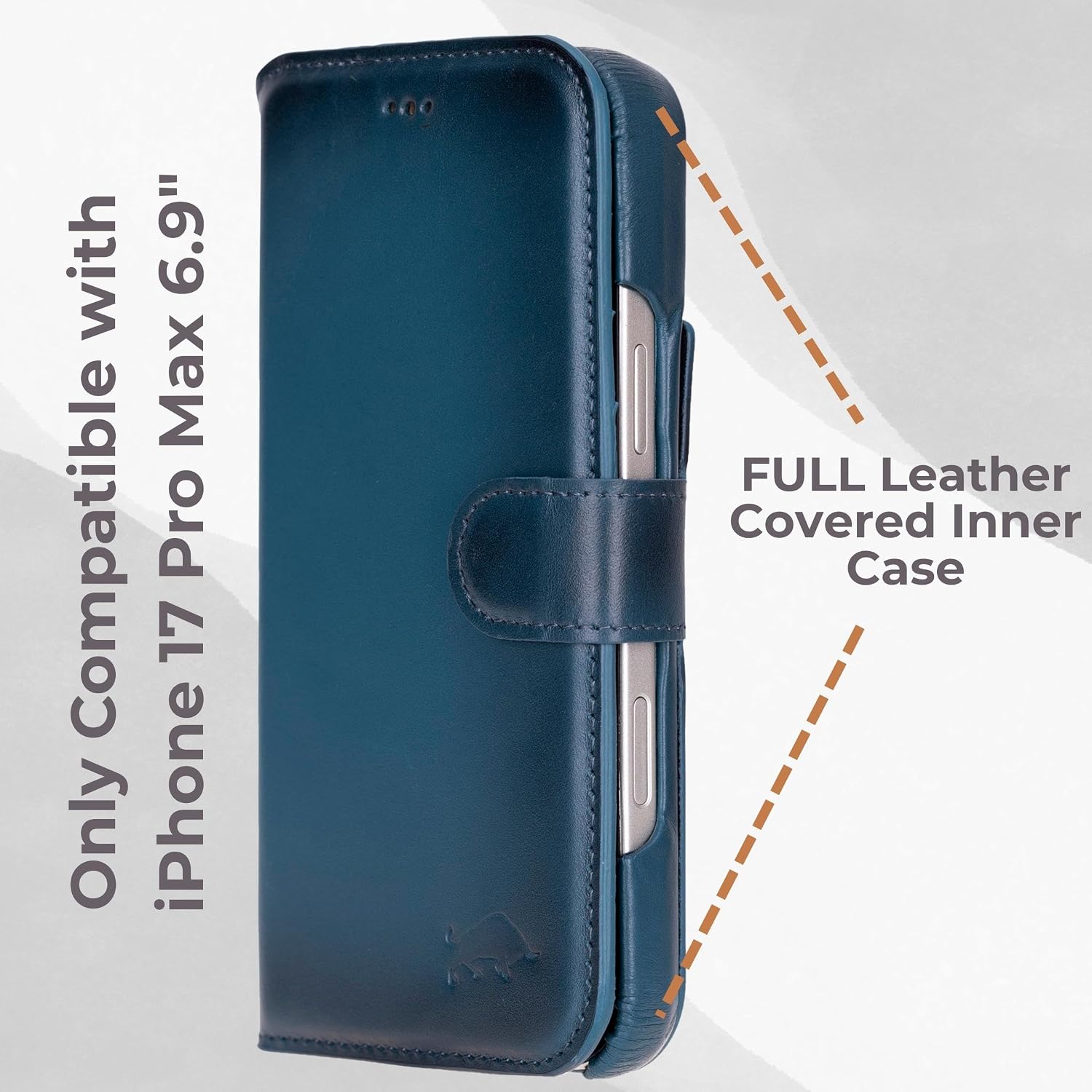 VENOULT Leather Wallet Case for iPhone 17 Pro Max, Full Grain Genuine Leather, Magnetic Detachable, 4 Card Holder, Buesiness Style, Compatible with MagSafe, RFID, Handmade (Admiral Blue)