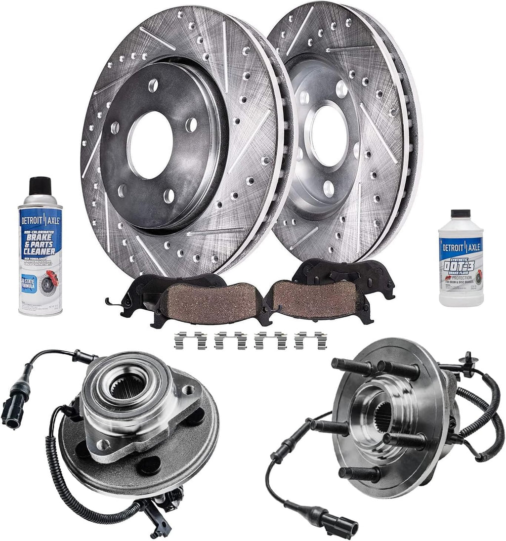 Detroit Axle - Pair Front Wheel Bearing Hub Assemblies and Drilled and Slotted Disc Brake Kit Rotors w/Ceramic Pad Kit for 2006-2010 Ford Explorer Mercury Mountaineer 2007-2010 Explorer Sport Trac