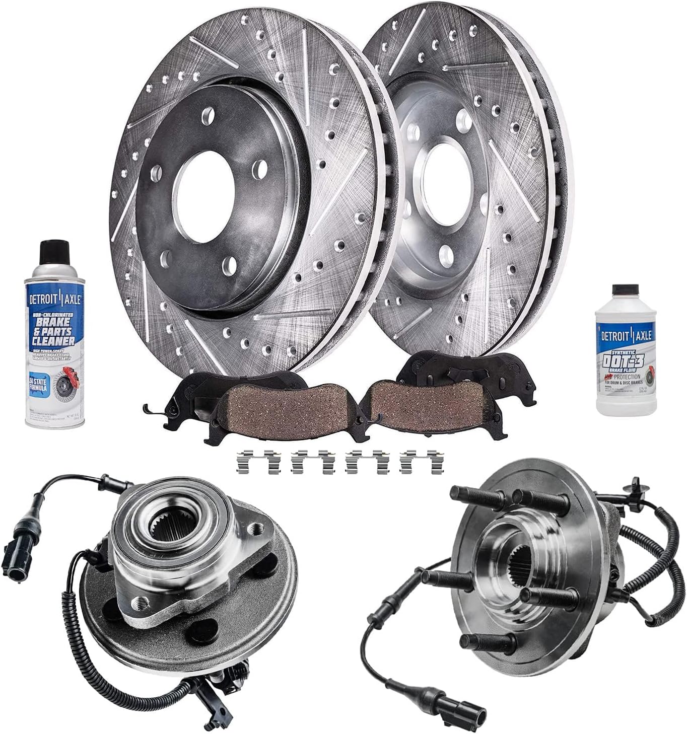 Detroit Axle - Pair Front Wheel Bearing Hub Assemblies and Drilled and Slotted Disc Brake Kit Rotors w/Ceramic Pad Kit for 2006-2010 Ford Explorer Mercury Mountaineer 2007-2010 Explorer Sport Trac