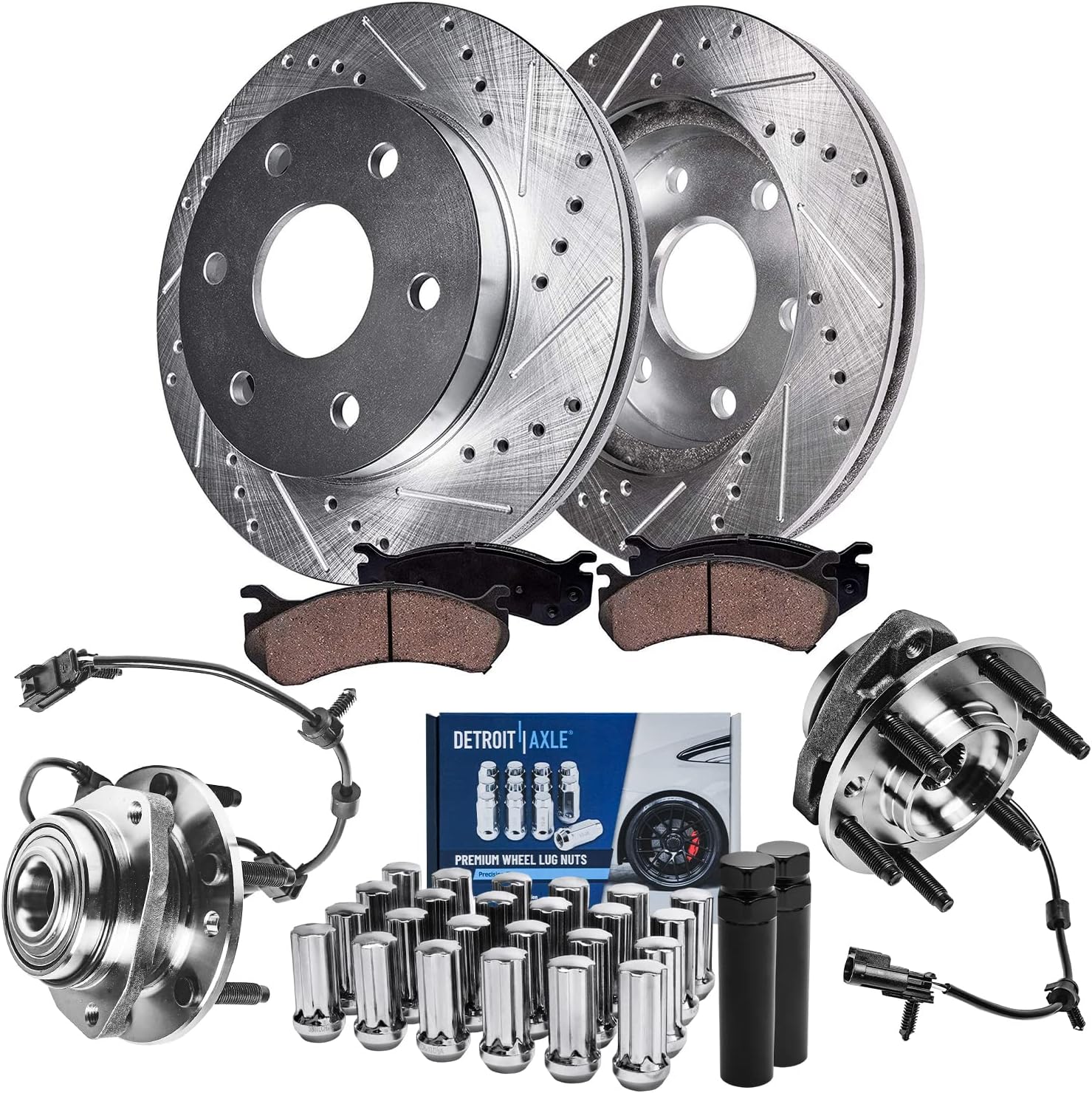 Detroit Axle - Front Wheel Bearing Hubs Brake Kit for Chevy Trailblazer EXT SSR GMC Envoy XL Buick Rainier Ascender Saab 9-7X Wheel Bearing Hubs 12.8 inch Brake Rotors Brake Pads Lug Nuts Replacement