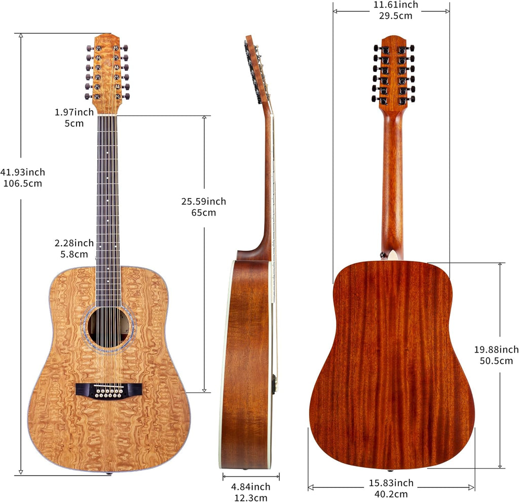 TARIO Left-handed 12 Strings Acoustic Guitar Curly Ash Top Mahogany back & sides Okoume Neck