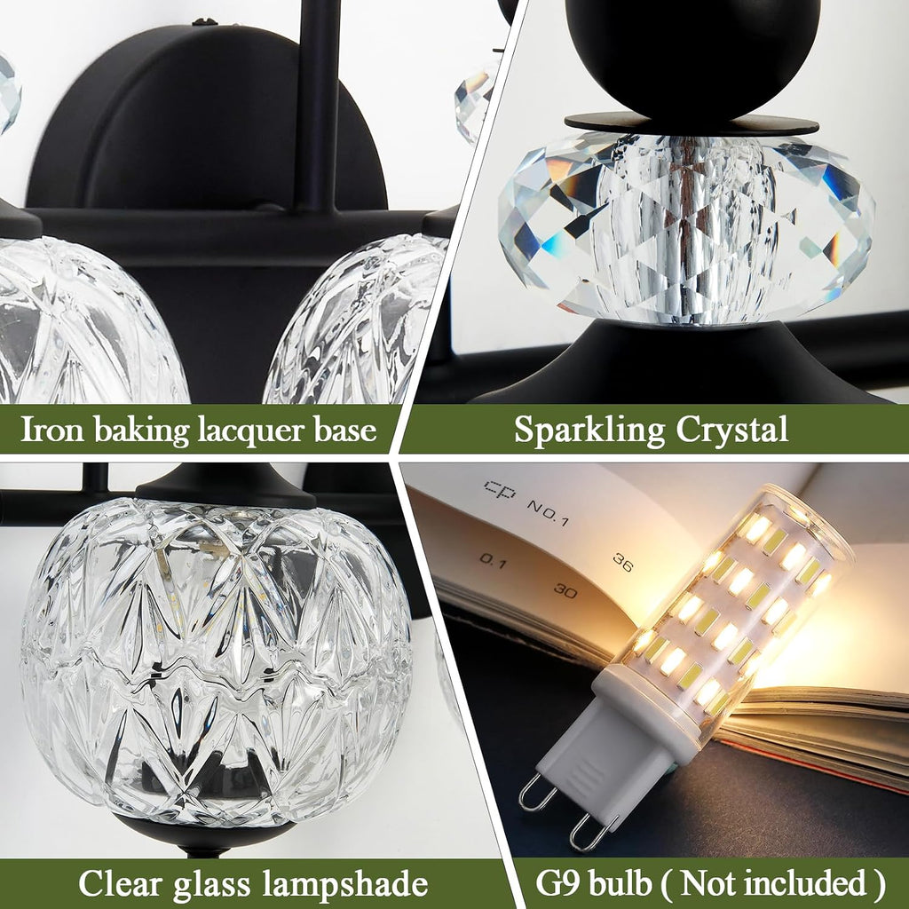 Piepooye Vintage Bathroom Light Fixtures Black Vanity Light with Glass Globe LampShade 3 Lights Mid Century G9 Bulb Wall Sconce Indoor Vanity Light Over Mirror for Kitchen Bedroom Farmhouse