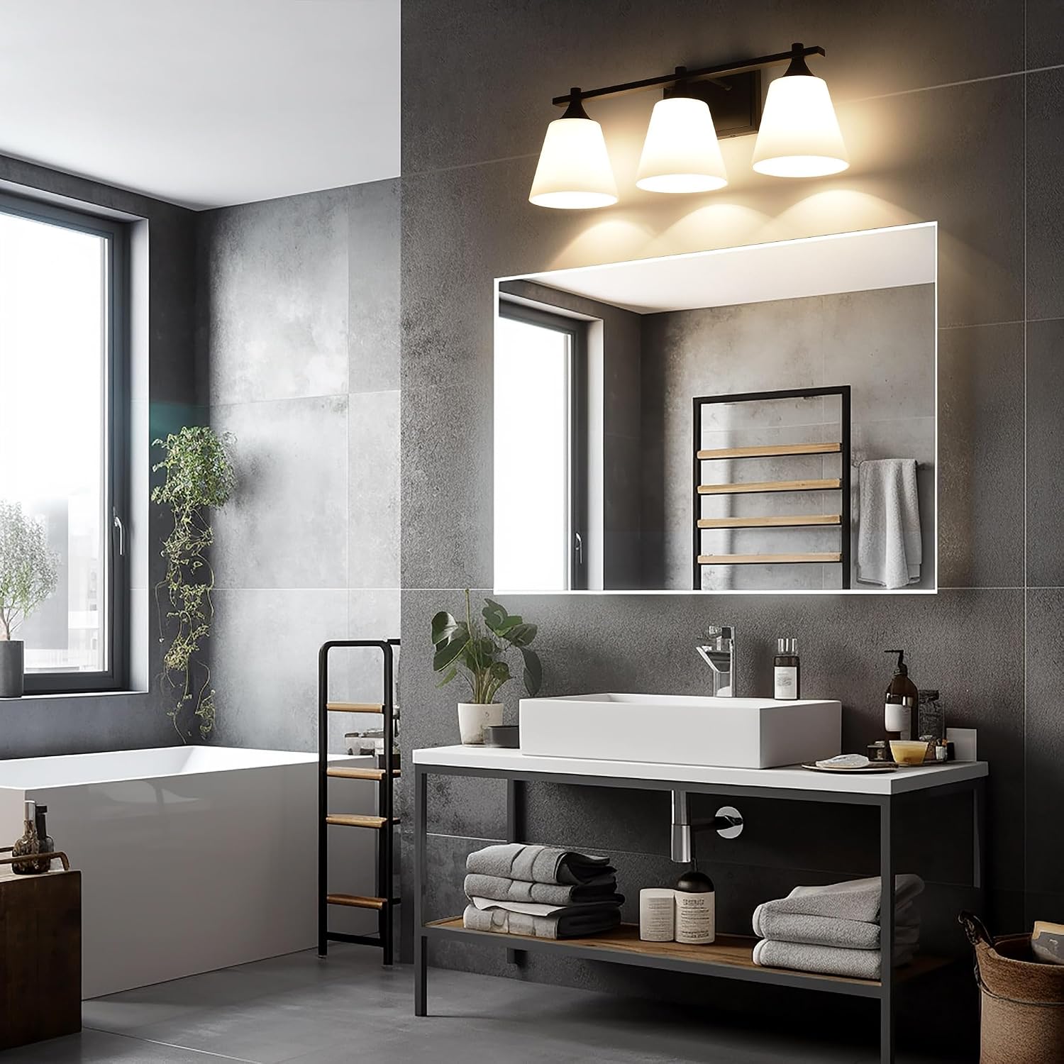 Black Bathroom Vanity Light Fixtures, 3 Lights Traditional Vanity Lighting Fixture with Opal Glass Shade, Porch Wall Mount Light Fixture for Bathroom, Mirror Cabinets Hallway Stairs, Matte Black