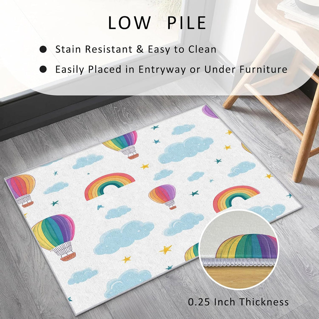 Hot Air Balloon Rug 8x12 for Bedroom, Rainbow Patterned Living Room Area Rug, Hot Air Balloon Kids Boys Girls Room Decor, Washable Soft Thin Carpet with Non Slip Backing, 8 x 12 ft - Lu11652