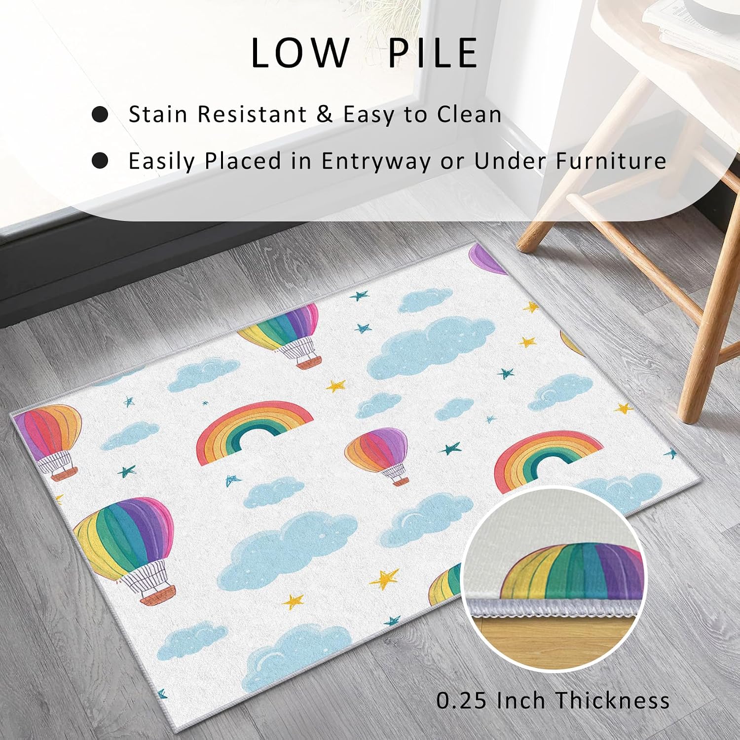 Hot Air Balloon Rug 8x12 for Bedroom, Rainbow Patterned Living Room Area Rug, Hot Air Balloon Kids Boys Girls Room Decor, Washable Soft Thin Carpet with Non Slip Backing, 8 x 12 ft - Lu11652