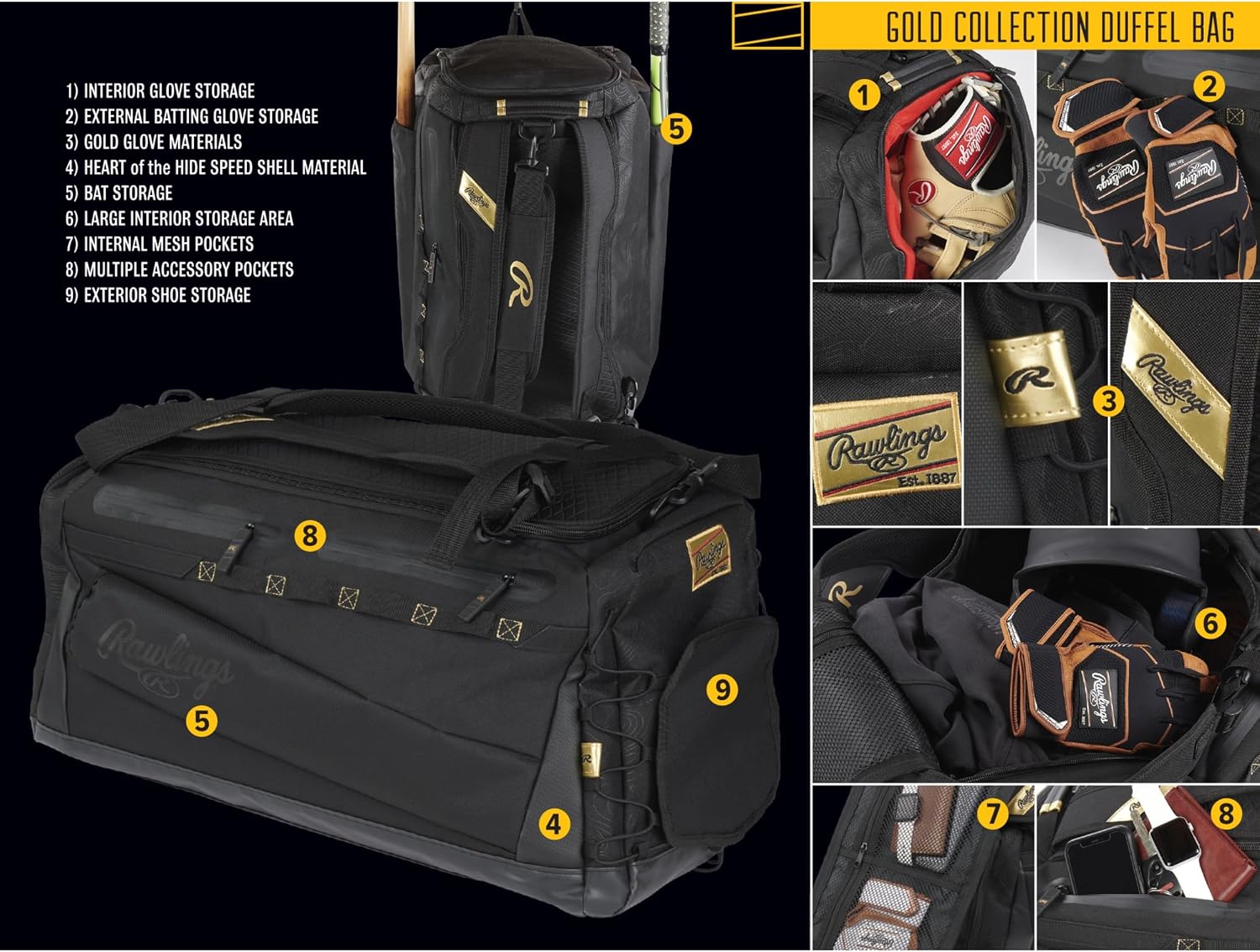 Rawlings | GOLD COLLECTION DUFFEL Equipment Bag | Baseball/Softball | Standard + XL Sizes