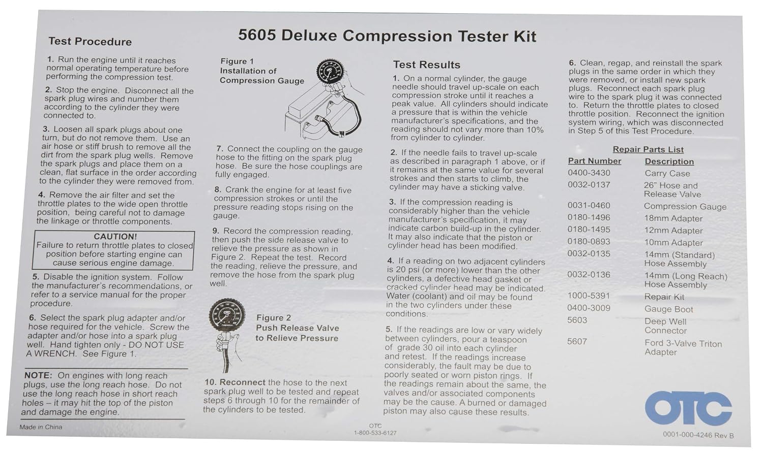OTC 5605 Deluxe Compression Tester Kit for Gasoline Engines with Easy to Read 2-1/2' Dual Scale Gauge, Extra Long Flex Hose, Multiple Adapters, and Storage Case