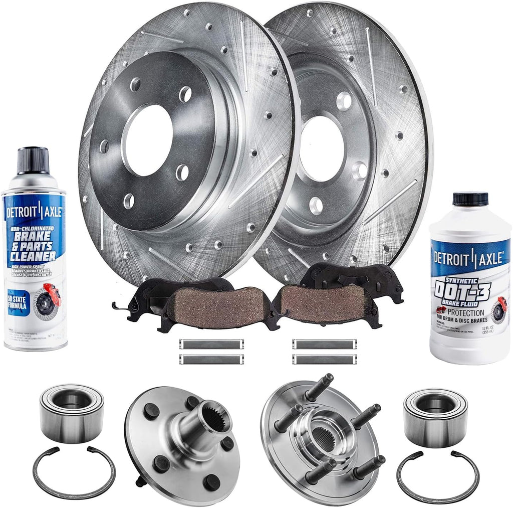 Detroit Axle - Rear Wheel Bearing Hubs Brake Kit for 2002-2005 Ford Explorer Mercury Mountaineer Wheel Bearing & Hubs Assembly Drilled & Slotted Brake Rotors Ceramic Brakes Pads 2003 2004 Replacement