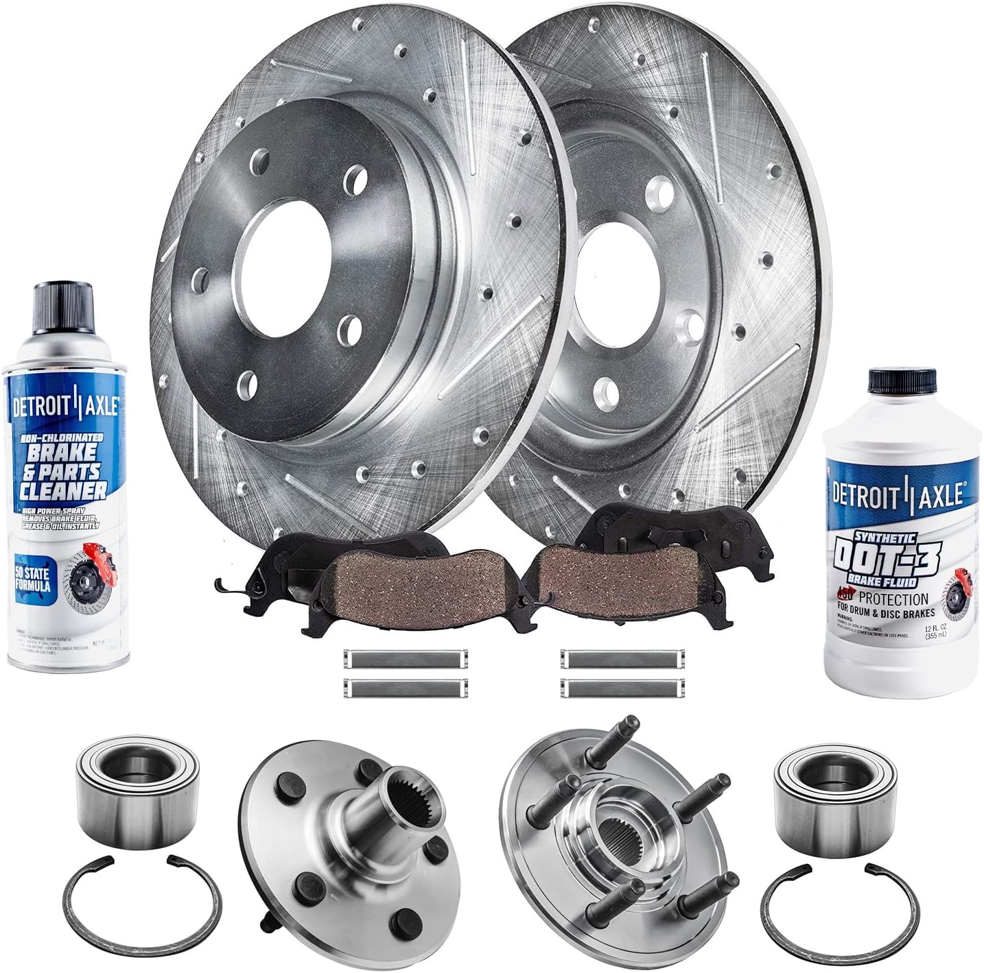 Detroit Axle - Rear Wheel Bearing Hubs Brake Kit for 2002-2005 Ford Explorer Mercury Mountaineer Wheel Bearing & Hubs Assembly Drilled & Slotted Brake Rotors Ceramic Brakes Pads 2003 2004 Replacement