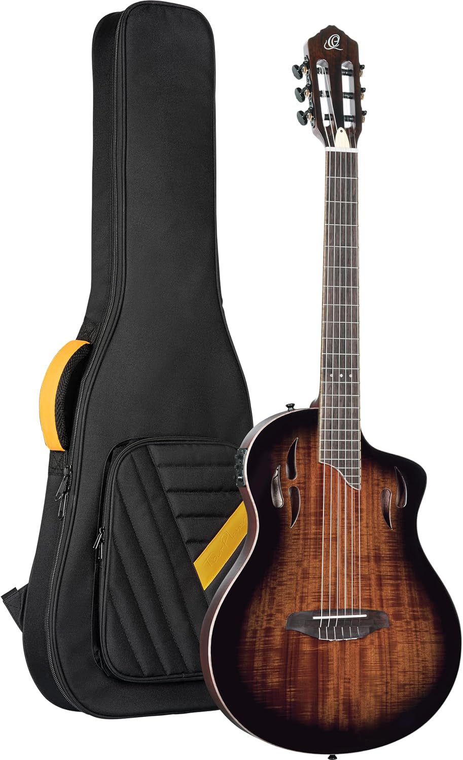 Ortega TourPlayer Deluxe Thinline Crossover Nylon-String Electric Guitar w/Pro gig bag, Acacia Gloss Burst (RTPDLX-ACA)