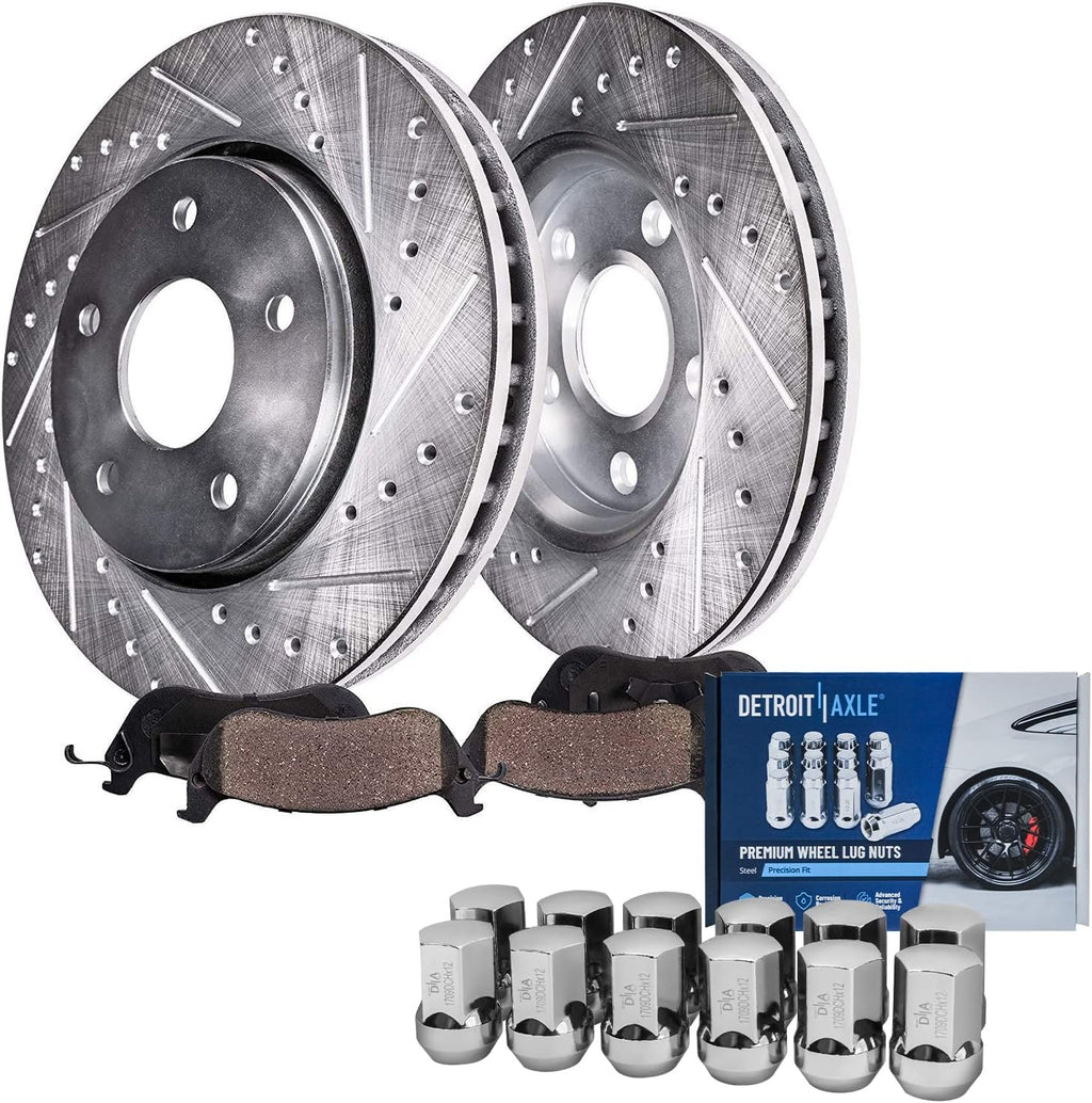 Detroit Axle - Front Drilled & Slotted Rotors Brake Pads w/12pc Wheel Lug Nuts Replacement for 2012-2018 Ram 1500 5-Lugs - 6pc Set