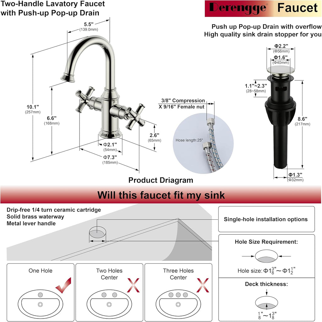 2 Handle Bathroom Sink Faucet, Single Hole Vanity Bathroom Lavatory Faucet,Swivel 360 Degree Spout,with Water Supply Line,Polished Nickel,BTF-2018-PN