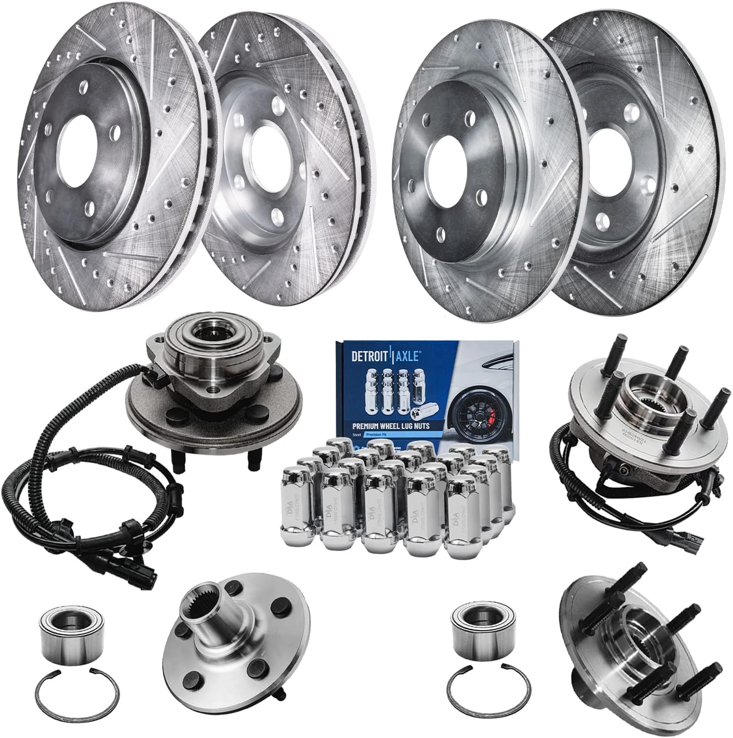 Detroit Axle - Brake Kit for 02-05 Ford Explorer Mercury Mountaineer, Front & Rear Drilled & Slotted Disc Brake Rotors Wheel Bearing & Hubs Wheel Lug Nuts 2002 2003 2004 2005 Replacement